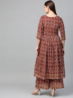 Ahalyaa Women Maroon & Off-White Printed A-Line Kurta with Palazzos | Grocsy