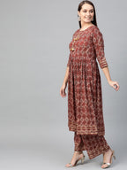 Ahalyaa Women Maroon & Off-White Printed A-Line Kurta with Palazzos | Grocsy
