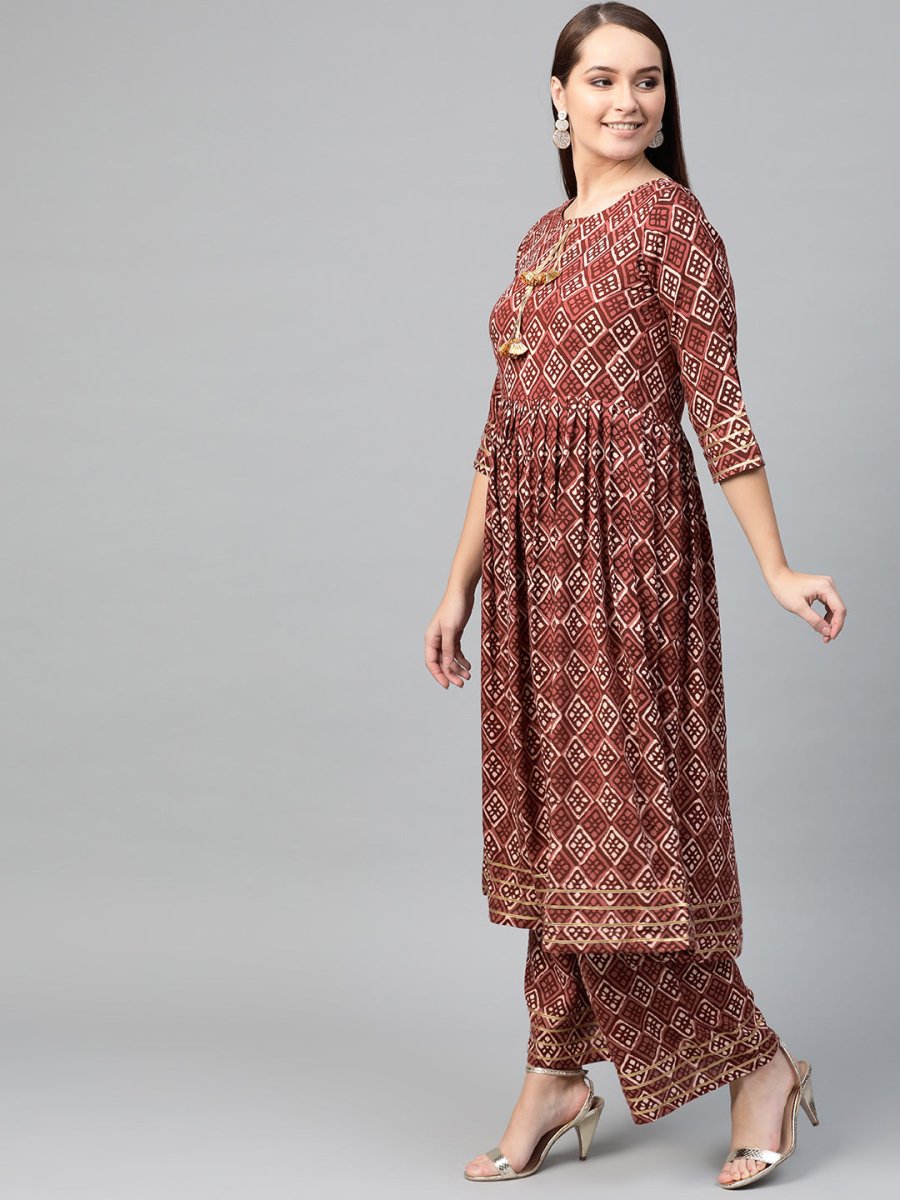Ahalyaa Women Maroon & Off-White Printed A-Line Kurta with Palazzos | Grocsy