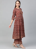 Ahalyaa Women Maroon & Off-White Printed A-Line Kurta with Palazzos | Grocsy