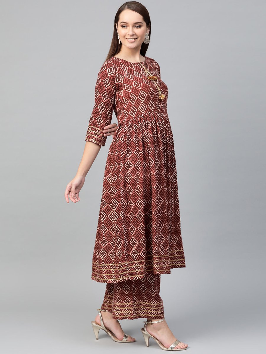 Ahalyaa Women Maroon & Off-White Printed A-Line Kurta with Palazzos | Grocsy