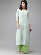 Ahalyaa Women Turquoise Blue & Gold-Toned Foil Printed Kurta with Palazzos | Grocsy