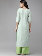 Ahalyaa Women Turquoise Blue & Gold-Toned Foil Printed Kurta with Palazzos | Grocsy