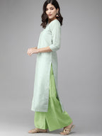 Ahalyaa Women Turquoise Blue & Gold-Toned Foil Printed Kurta with Palazzos | Grocsy