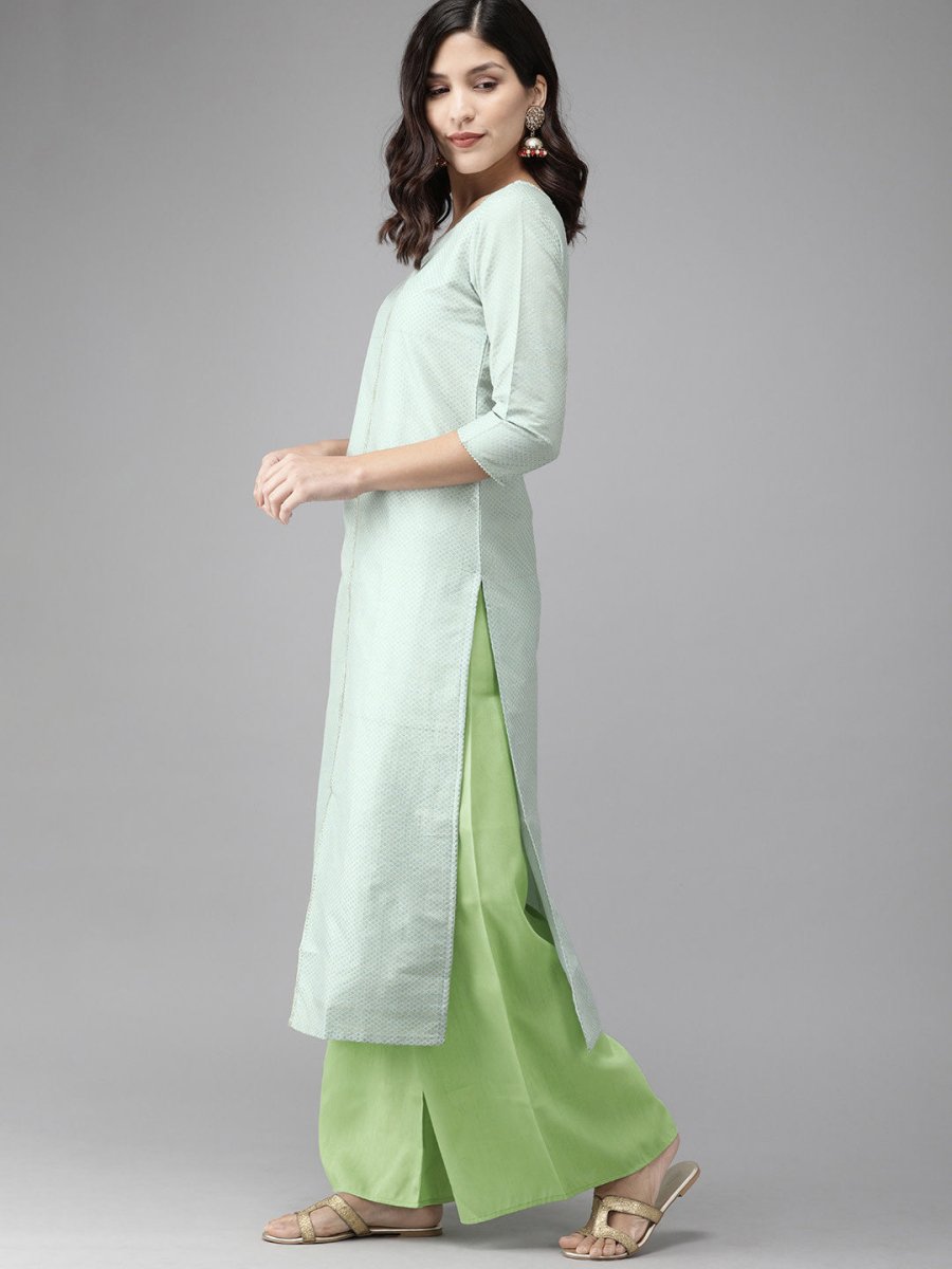 Ahalyaa Women Turquoise Blue & Gold-Toned Foil Printed Kurta with Palazzos | Grocsy