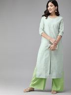 Ahalyaa Women Turquoise Blue & Gold-Toned Foil Printed Kurta with Palazzos | Grocsy