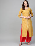 Ahalyaa Mustard Yellow & Coral Red Printed Kurta with Palazzo | Grocsy