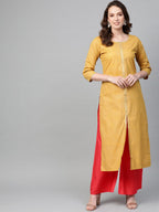 Ahalyaa Mustard Yellow & Coral Red Printed Kurta with Palazzo | Grocsy