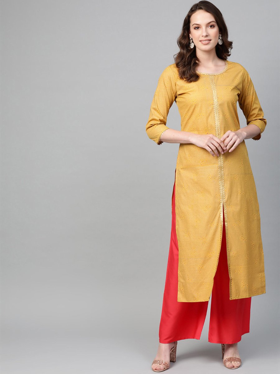 Ahalyaa Mustard Yellow & Coral Red Printed Kurta with Palazzo | Grocsy