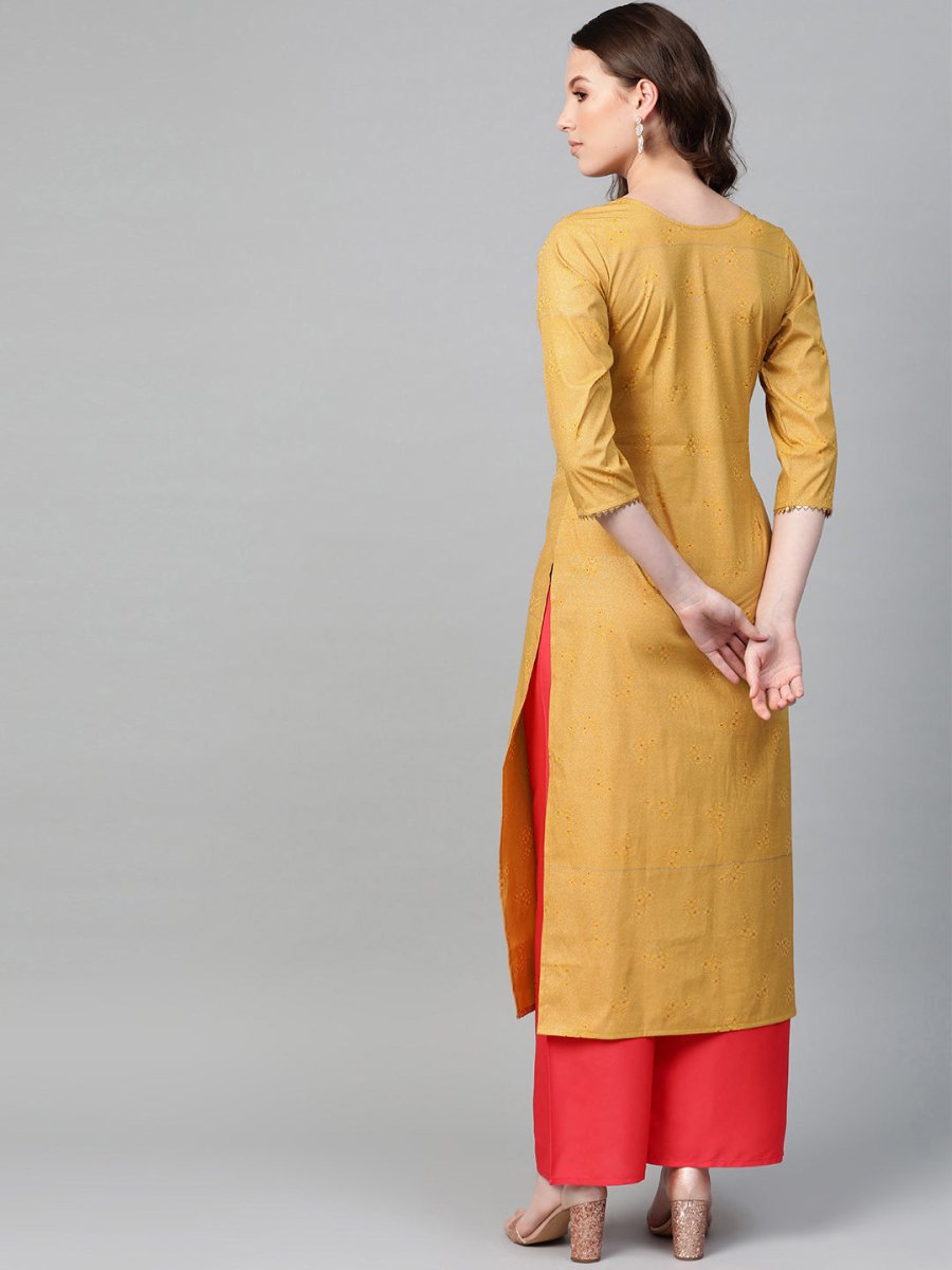 Ahalyaa Mustard Yellow & Coral Red Printed Kurta with Palazzo | Grocsy