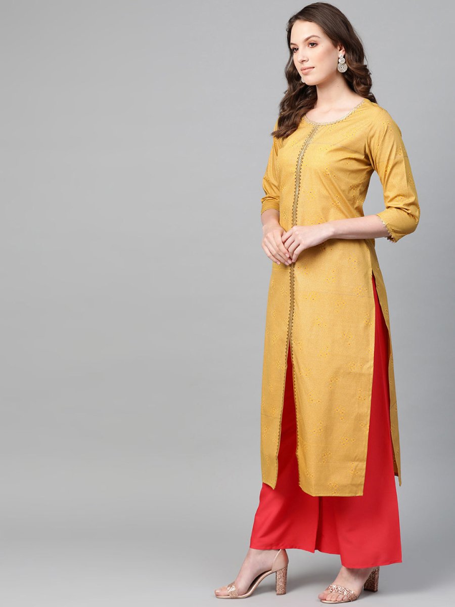 Ahalyaa Mustard Yellow & Coral Red Printed Kurta with Palazzo | Grocsy