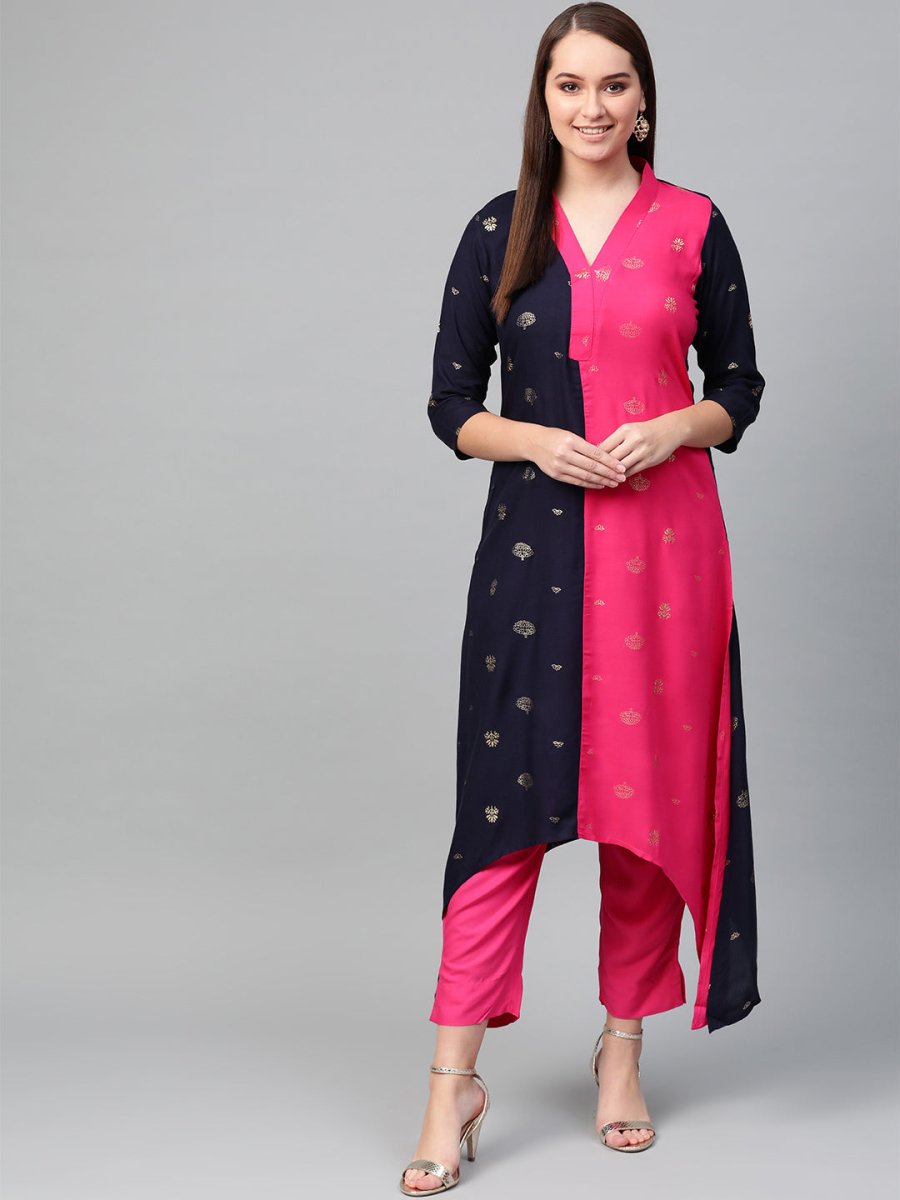 Ahalyaa Women Navy Blue & Pink Colourblocked Kurta with Trousers | Grocsy