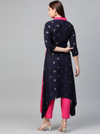Ahalyaa Women Navy Blue & Pink Colourblocked Kurta with Trousers | Grocsy
