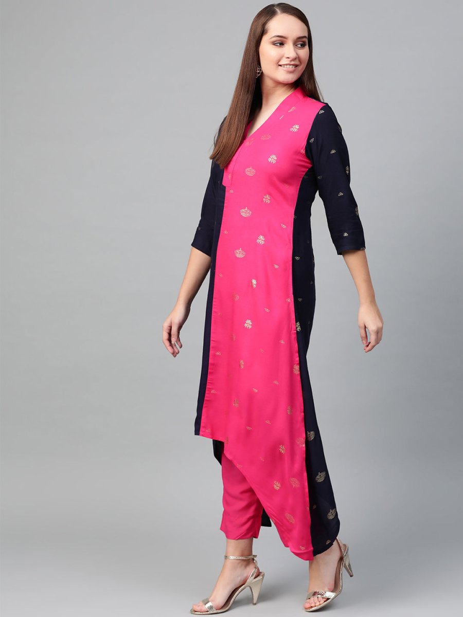 Ahalyaa Women Navy Blue & Pink Colourblocked Kurta with Trousers | Grocsy