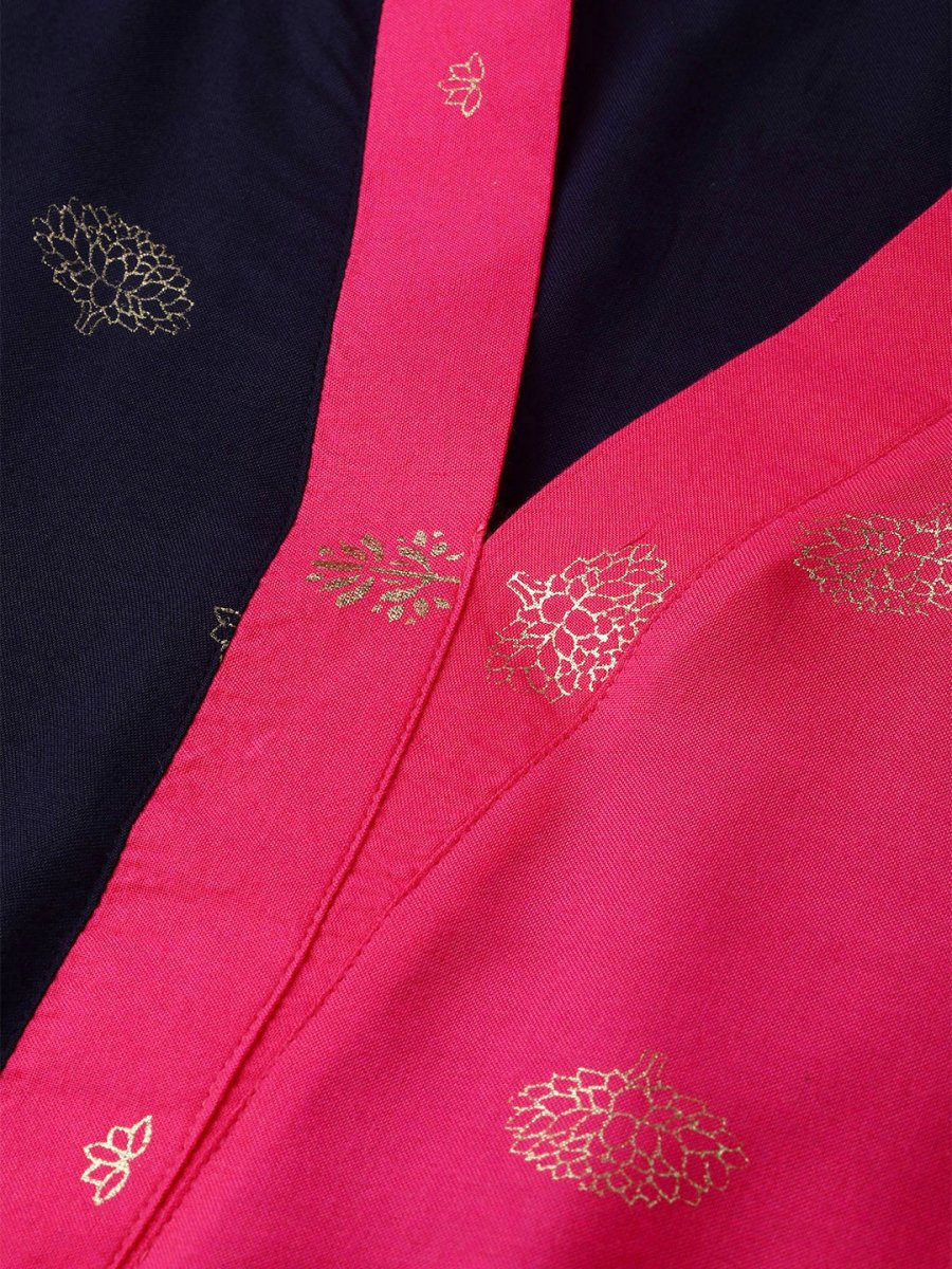 Ahalyaa Women Navy Blue & Pink Colourblocked Kurta with Trousers | Grocsy