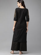 Ahalyaa Women Black & Golden Foil Print Kurta With Palazzo | Grocsy