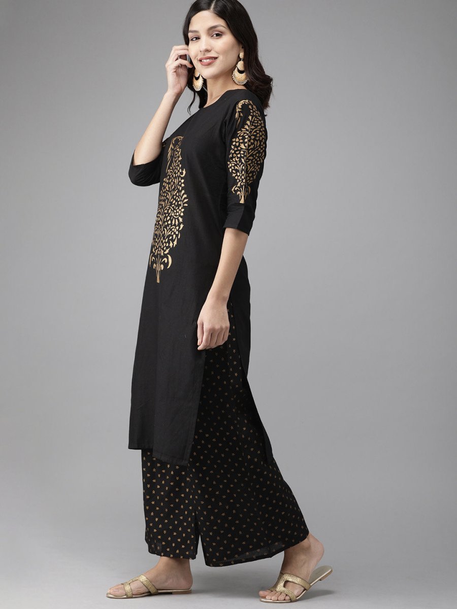 Ahalyaa Women Black & Golden Foil Print Kurta With Palazzo | Grocsy