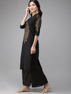 Ahalyaa Women Black & Golden Foil Print Kurta With Palazzo | Grocsy