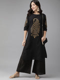Ahalyaa Women Black & Golden Foil Print Kurta With Palazzo | Grocsy