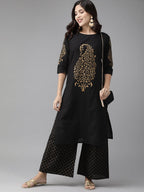 Ahalyaa Women Black & Golden Foil Print Kurta With Palazzo | Grocsy
