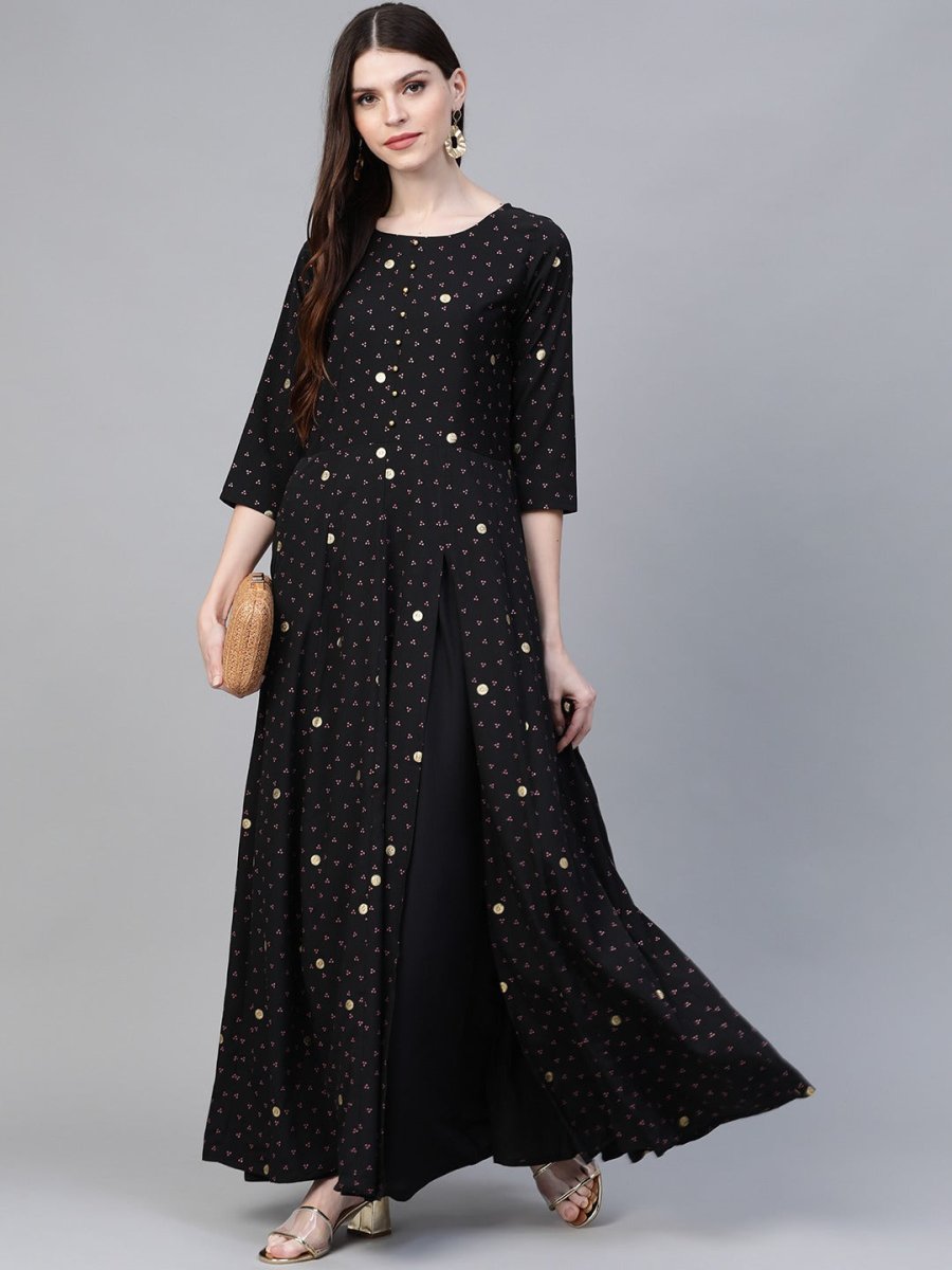 Ahalyaa Black & Pink High Slit Bandhani Khari Printed Anarkali Kurta with Palazzos | Grocsy