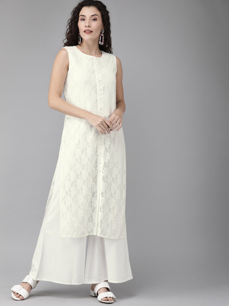 Ahalyaa White Embellished Kurta With Palazzo Set | Grocsy