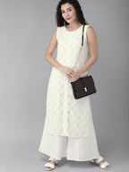 Ahalyaa White Embellished Kurta With Palazzo Set | Grocsy