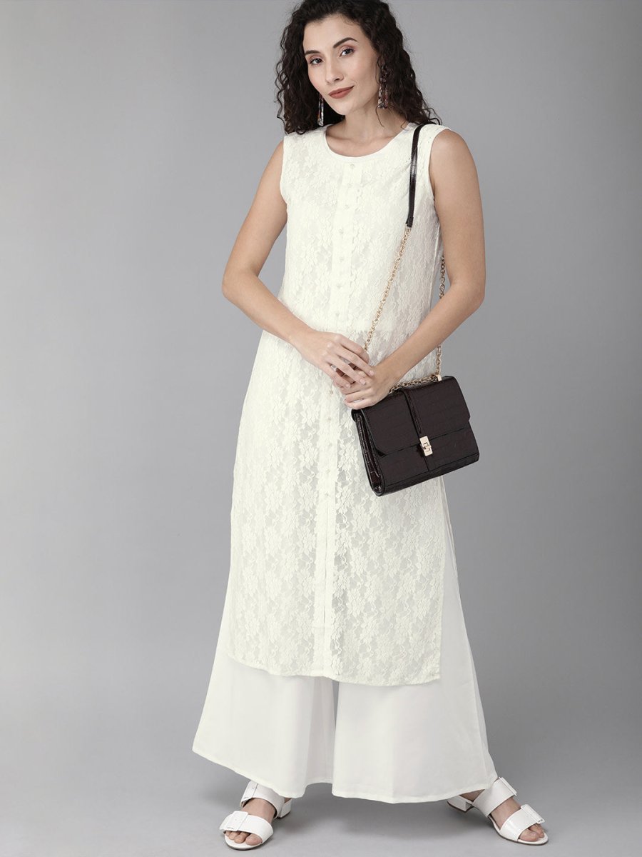 Ahalyaa White Embellished Kurta With Palazzo Set | Grocsy