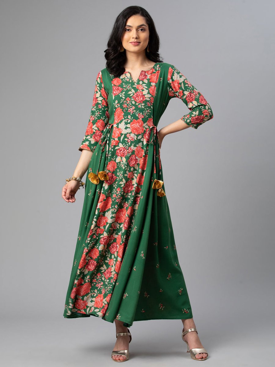 Ahalyaa Viscose Rayon Green Floral Printed Kurta | Grocsy