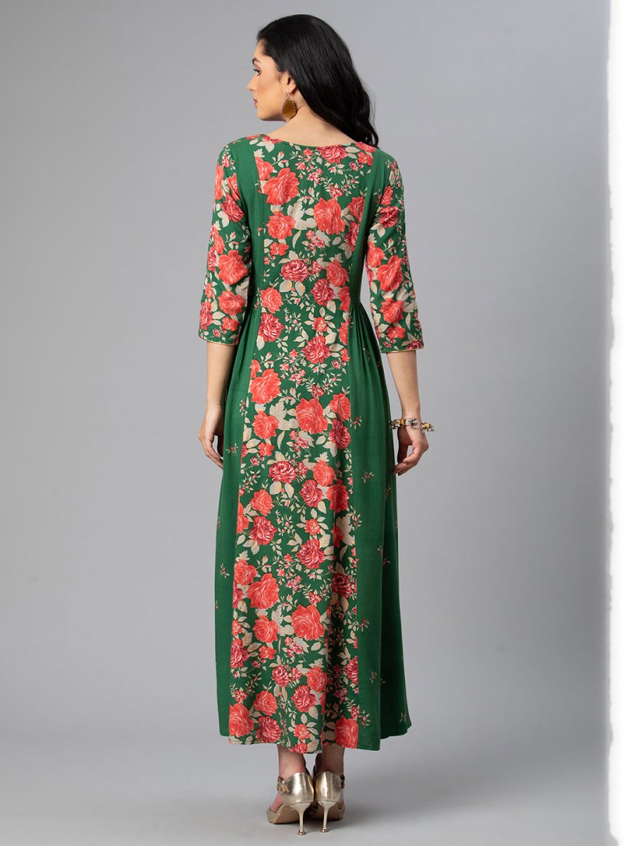 Ahalyaa Viscose Rayon Green Floral Printed Kurta | Grocsy