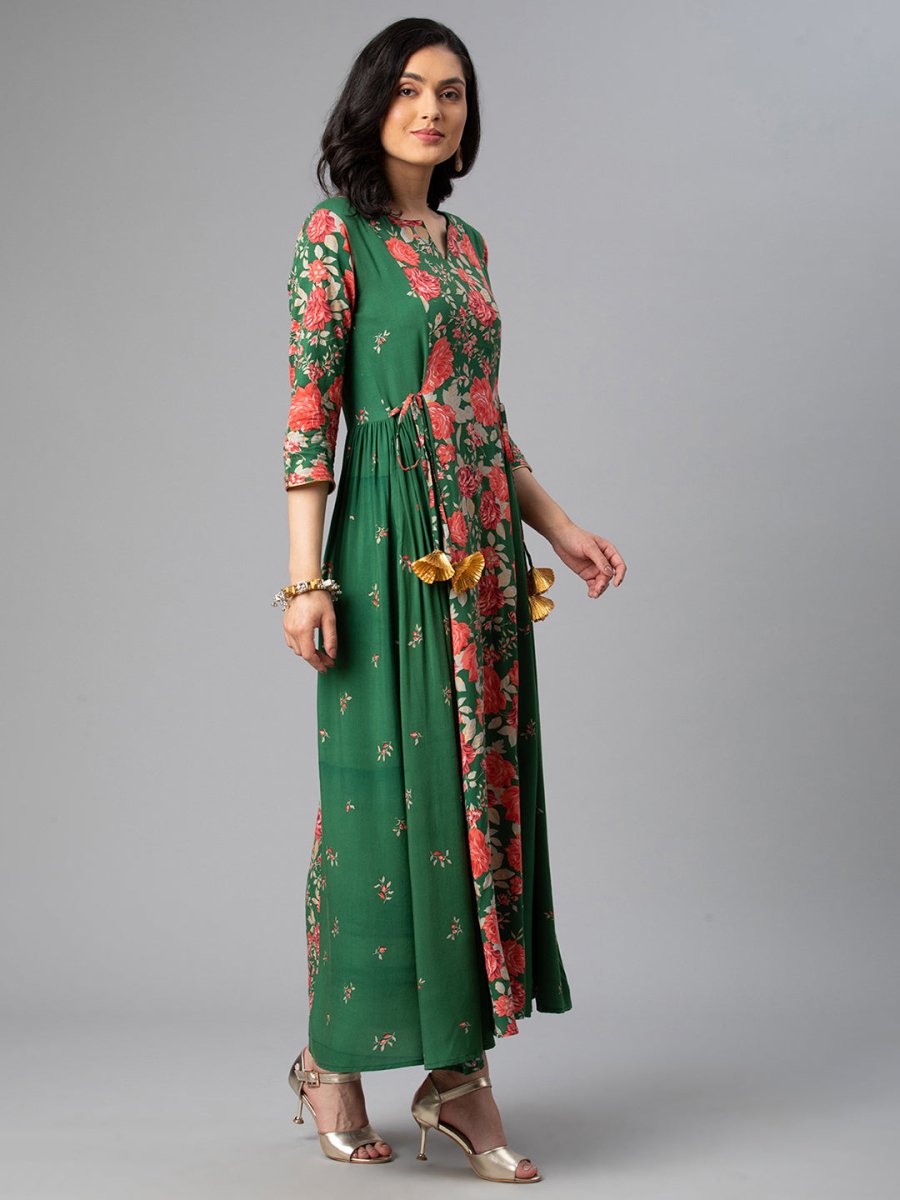 Ahalyaa Viscose Rayon Green Floral Printed Kurta | Grocsy
