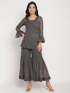 Ahalyaa Women Charcoal Grey Angrakha Kurta With Inner & Sharara | Grocsy