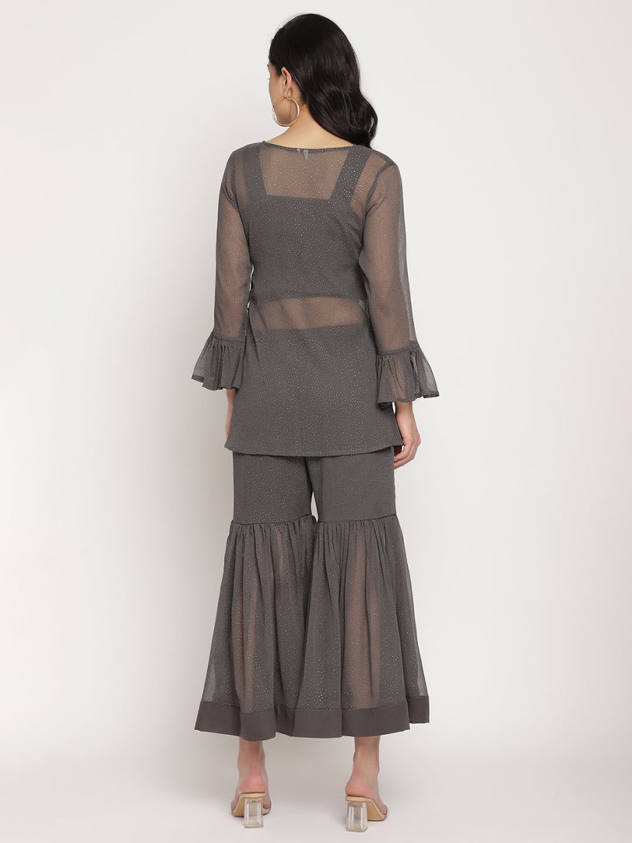 Ahalyaa Women Charcoal Grey Angrakha Kurta With Inner & Sharara | Grocsy