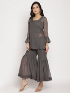 Ahalyaa Women Charcoal Grey Angrakha Kurta With Inner & Sharara | Grocsy