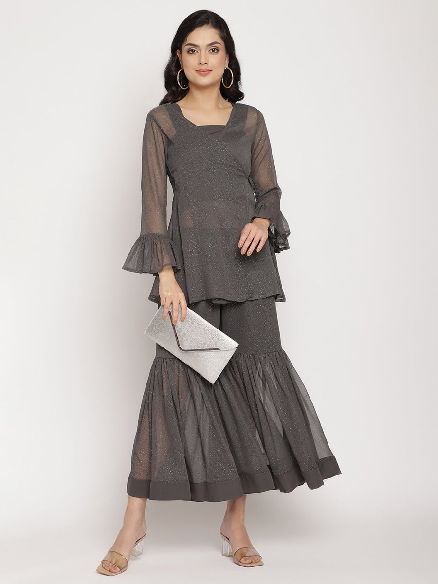 Ahalyaa Women Charcoal Grey Angrakha Kurta With Inner & Sharara | Grocsy