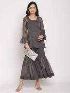Ahalyaa Women Charcoal Grey Angrakha Kurta With Inner & Sharara | Grocsy