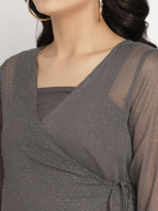 Ahalyaa Women Charcoal Grey Angrakha Kurta With Inner & Sharara | Grocsy