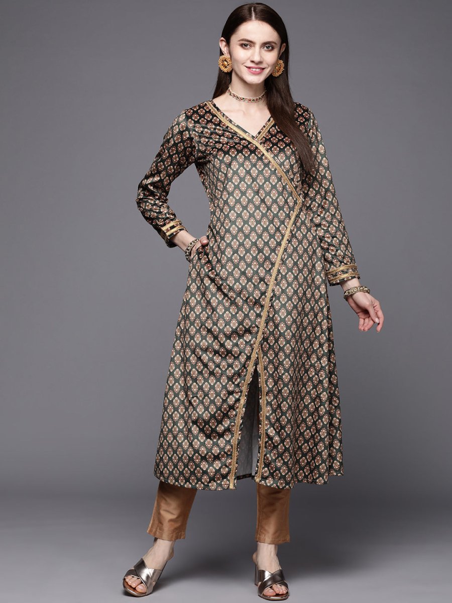 Ahalyaa Women Green & Cream-Coloured Floral Printed Velvet Kurta | Grocsy
