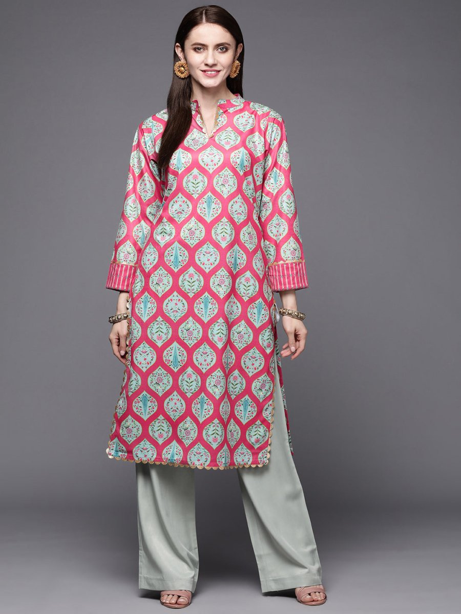 Ahalyaa Women Pink & Sea Green Floral Printed Gotta Patti Velvet Kurta | Grocsy