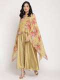 Ahalyaa Women's Mustard Color Velvet Kurta With Attached Printed Dupatta | Grocsy