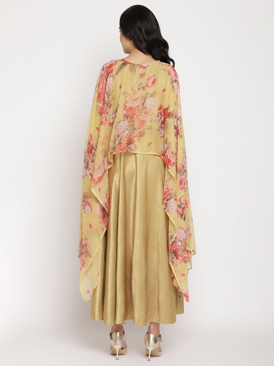 Ahalyaa Women's Mustard Color Velvet Kurta With Attached Printed Dupatta | Grocsy