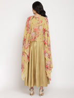 Ahalyaa Women's Mustard Color Velvet Kurta With Attached Printed Dupatta | Grocsy