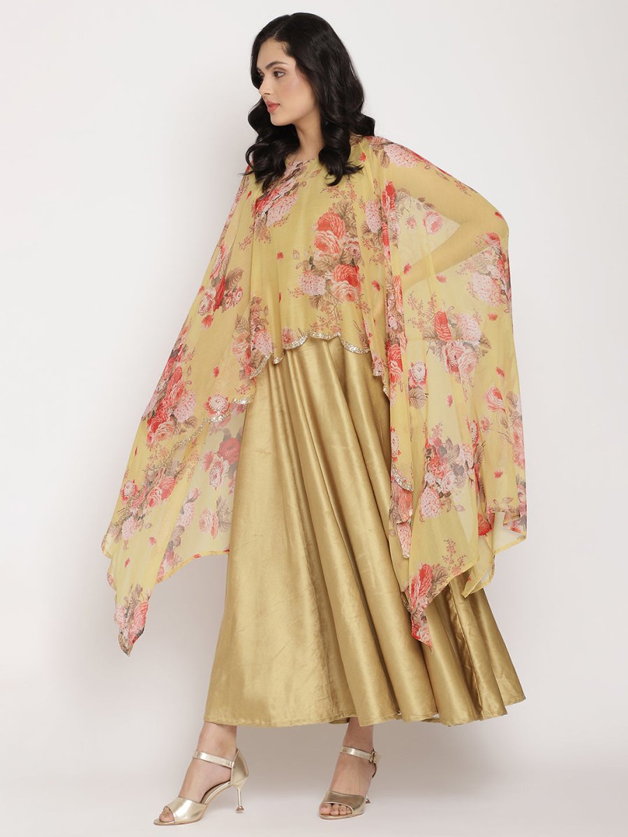Ahalyaa Women's Mustard Color Velvet Kurta With Attached Printed Dupatta | Grocsy