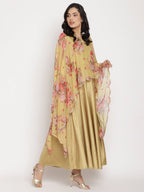 Ahalyaa Women's Mustard Color Velvet Kurta With Attached Printed Dupatta | Grocsy