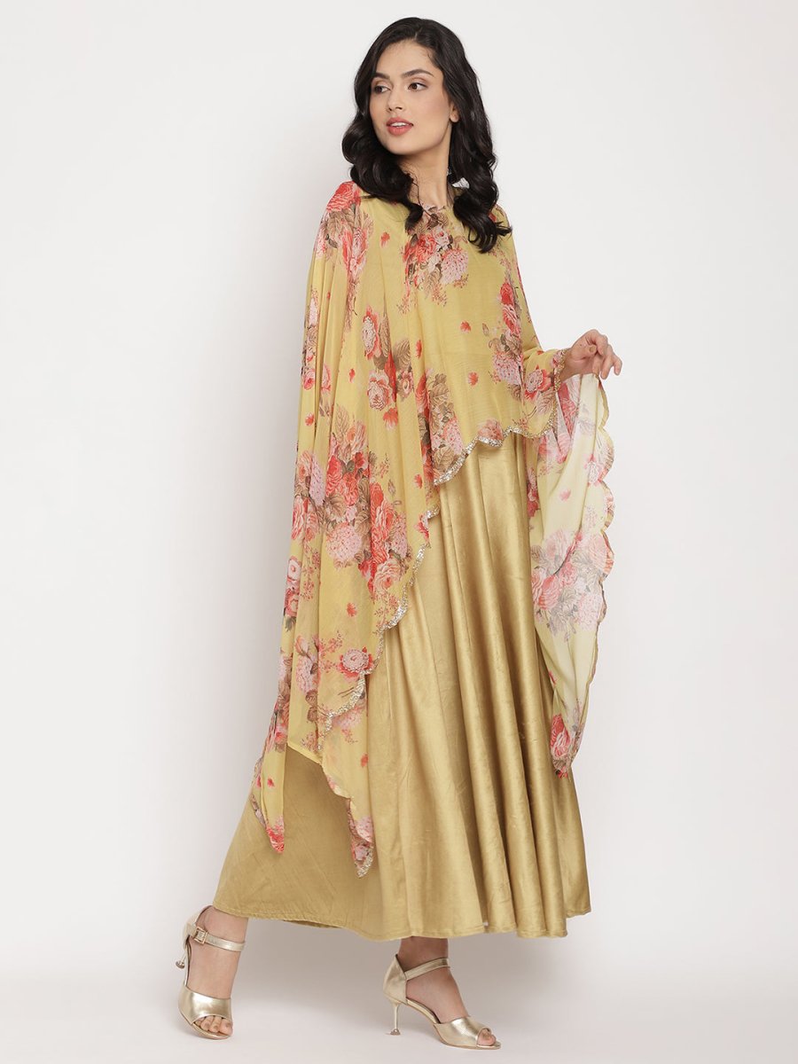 Ahalyaa Women's Mustard Color Velvet Kurta With Attached Printed Dupatta | Grocsy