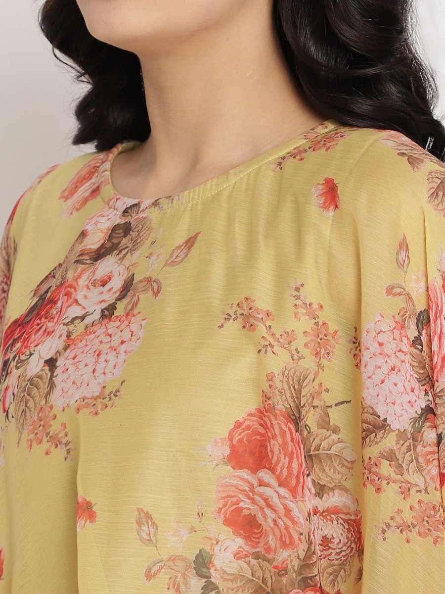 Ahalyaa Women's Mustard Color Velvet Kurta With Attached Printed Dupatta | Grocsy