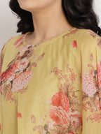 Ahalyaa Women's Mustard Color Velvet Kurta With Attached Printed Dupatta | Grocsy