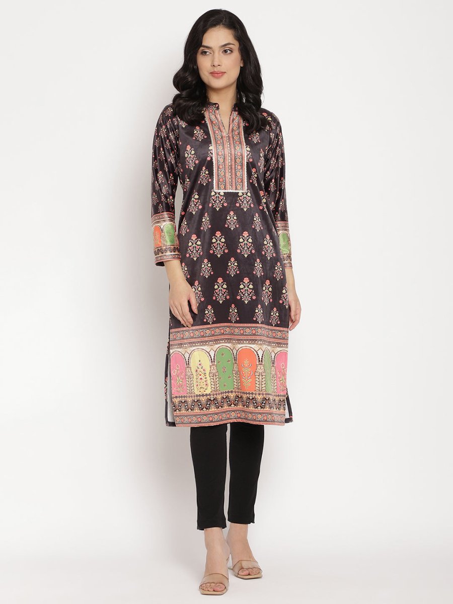 Ahalyaa Women's Black Color Digital Print Velvet Kurta | Grocsy
