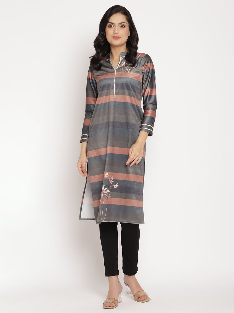Ahalyaa Women's Multi Color Stripe Digital Print Velvet Kurta | Grocsy