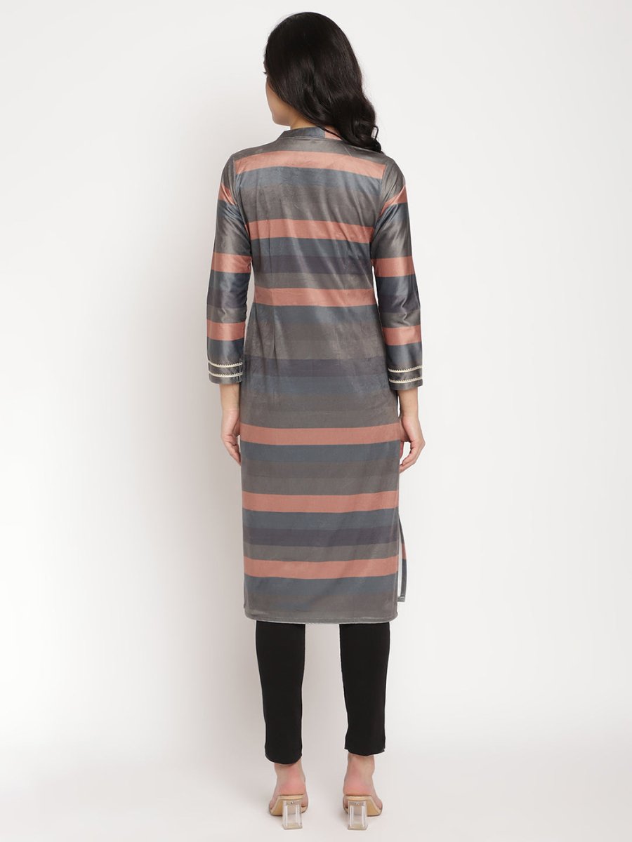 Ahalyaa Women's Multi Color Stripe Digital Print Velvet Kurta | Grocsy
